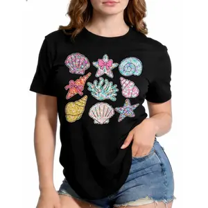 Women's Short-Sleeve Whimsical Floral Sea Shell Graphic T-Shirt - 100% Cotton Fabric, Comfortable Cottagecore Style Top