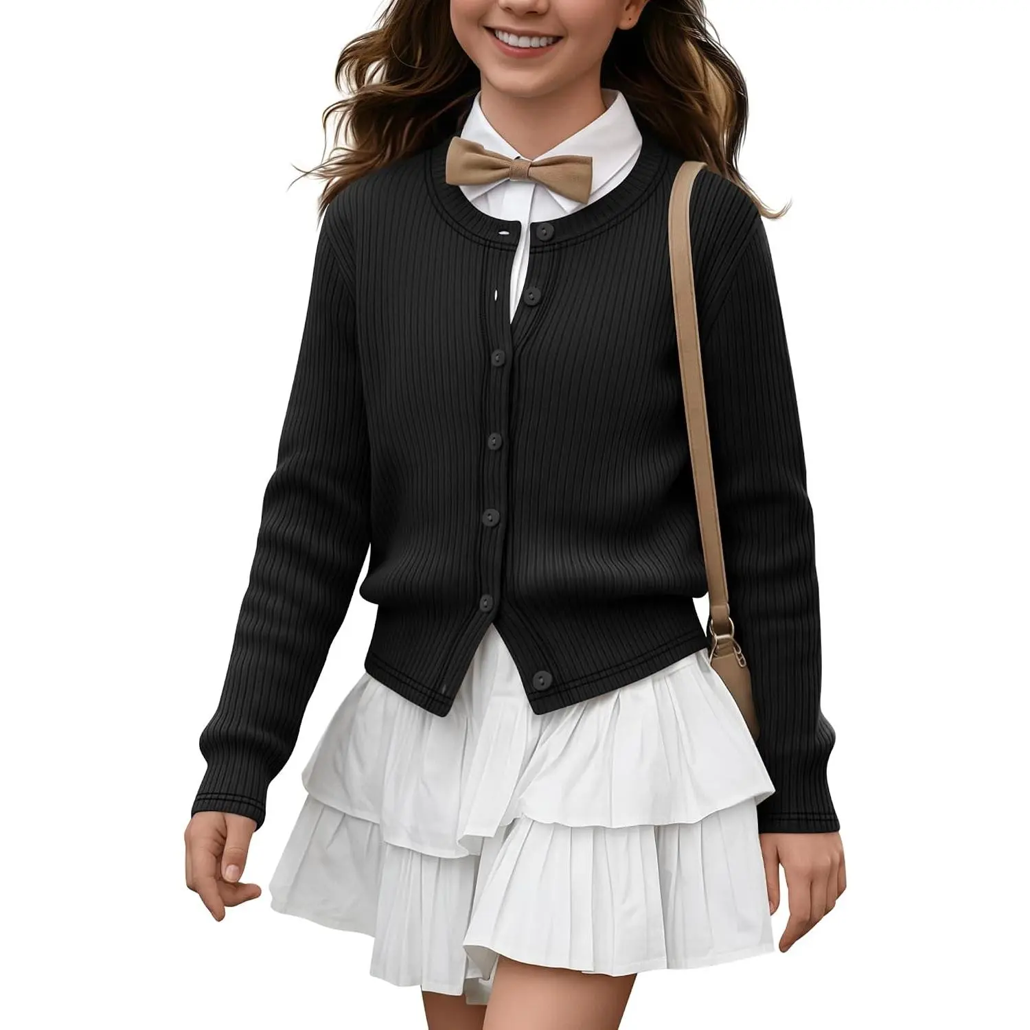 Girls' Ribbed Knit Uniform Cardigan | Lightweight Ribbed Knit Fabric, Classic Crew Neck Design, Button-down Front Detail, Girls School Uniform Cardigan