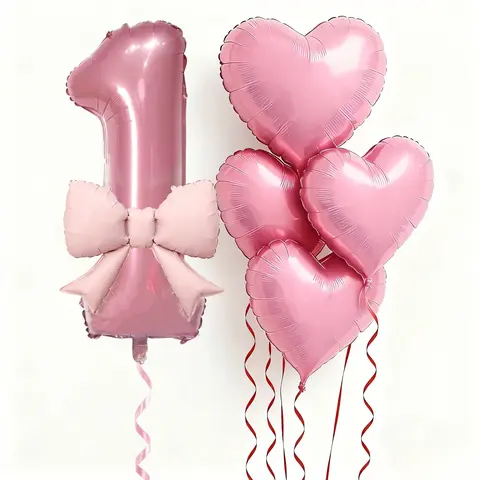8-Piece Number Balloon Set with Heart & Bow Numbers 1-6, Soft Color Birthday Party Decorations, Baptism & Baby Shower Supplies, Heart Shaped Balloons