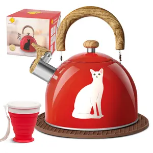AOSION Color Changing Tea Kettle: Magic Whistling Design - 2-Quart Stainless Steel Stovetop Kettle - Whistle Red Teapot With Folding Cup & Trivet Mat