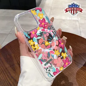 Magnetic Phone Case Supports Wireless Charging for iPhone 15 16 14 Pro Max 13 12 11 XR XS Plus E Full Screen Colorful Flowers Pattern Non-Yellowing Silicone Transparent Acrylic Large Hole Drop Protective Cover