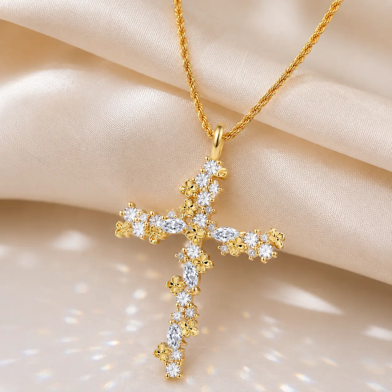 Unisex 14K Gold Plated Necklace Chic Flower Cross Pendant Inlaid Exquisite Cubic Zirconia Adjustable Twist Chain Birthdays, and Special Occasions Party Jewelry Vacation Travel Beach Necklace Holiday Wear Accessories Gift