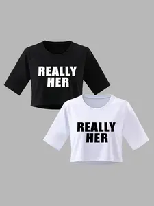 Women's Y2K Style Short Sleeve Round Neck Top, Really Her Letter Print, Casual Fashion Tee, Spring Summer Wear
