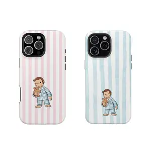 Striped Curious George Pajamas Phone Case – Cute Cartoon Monkey with Teddy Bear, Striped Pastel Design, Protective IPhone Cover |       Cover Suitable for IPhone 16 15 14 13 12 SE Max Pro