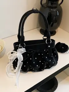 Korean-style fashion casual hand-held pleated bag, polka dot pearl bow sweet and cute crossbody bag