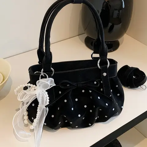 Korean-style Fashion Casual Hand-held Pleated Bag, Polka Dot Pearl Sweet and Cute Crossbody Bag, Bowknot Decor Handbag, Crossbody Shoulder Purse, Bow Decorated Purse, Casual Crossbody Bags