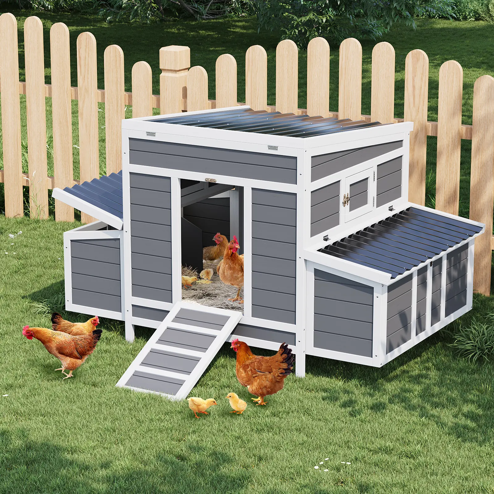 54" Large Wooden Chicken Coop for Backyard, Fir Wood Poultry Hen House with 2 Nesting Boxes for 4-6 Birds, Weatherproof Outdoor Rabbit Hutch with Pull-Out Tray, Secure Metal Mesh Duck Cage, Easy Egg Collection & Cleaning