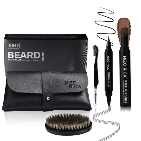 NIZORICK 5-in-1 Natural Men's Grooming Kit - 5 Tools (Dual-Tip Filling & Shaping Pen, 10ml Color Correction Powder, Eyebrow Comb, Comb, Storage Bag) Waterproof, Smudge-Resistant for Patchy Beard & Mustache