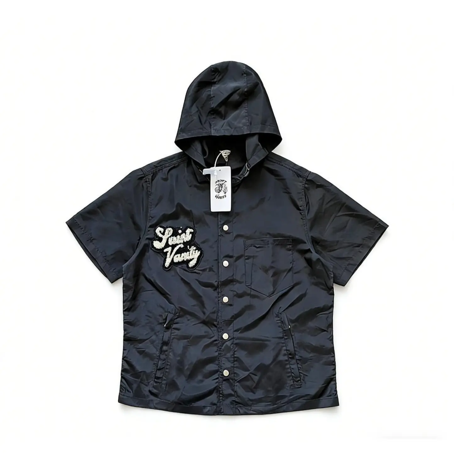 SAINT VANITY Embroidered Short Sleeve Hoodie Trench Cardigan Removable Hat Oversized Streetwear Summer Jacket Lightweight Men's Outerwear Casual Hip Hop Urban Fashion Top