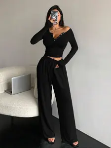 Women's Casual Fitted Fall Winter co ord set, Soft Elastic Knit Fabric, Fashionable Two-Piece Loungewear Sleepwear, Indoor Outdoor Wear, Comfortable Home Clothes