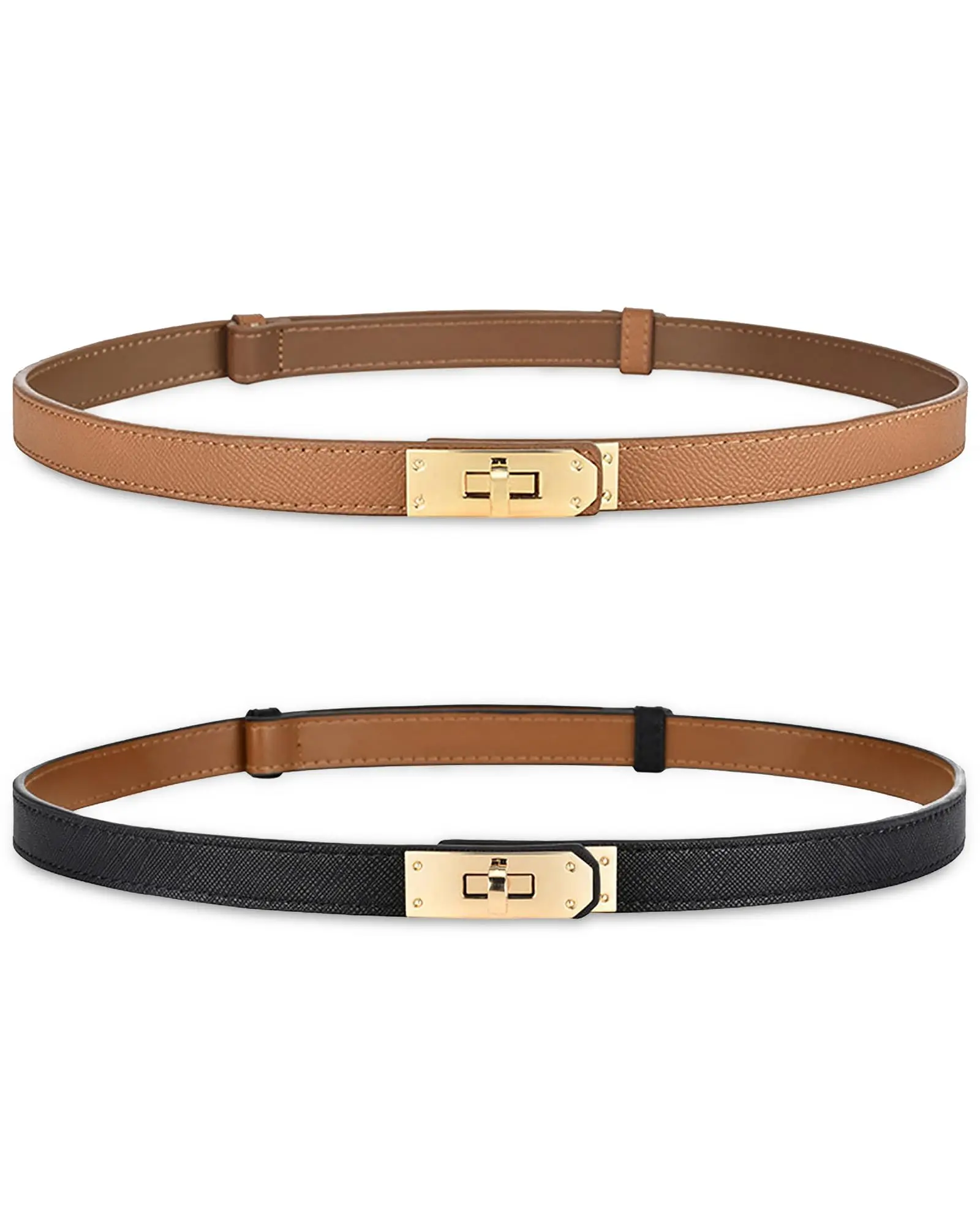 4516 Women\'s Skinny Leather Belt With Adjustable Silver Turn-lock Buckle Preptep 2pcs Women main image 2