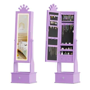 Kids Jewelry Armoire with LED Light, Full-Length Mirror & 3 Drawers - Freestanding Organizer & Vanity Cabinet for Girls' Dress-Up,Purple, girl