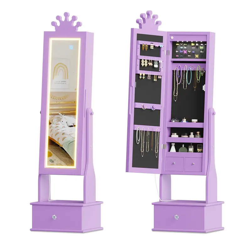 Kids Jewelry Armoire with LED Light, Full-Length Mirror & 3 Drawers - Freestanding Organizer & Vanity Cabinet for Girls' Dress-Up,Purple, girl