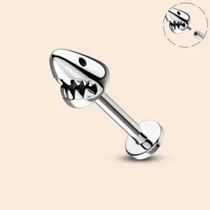 Oufer 16G Shark Head Ear Cartile Labret Piercing Flat Back Stud in 316L Stainless Steel Bar Length 8mm Nose Ring