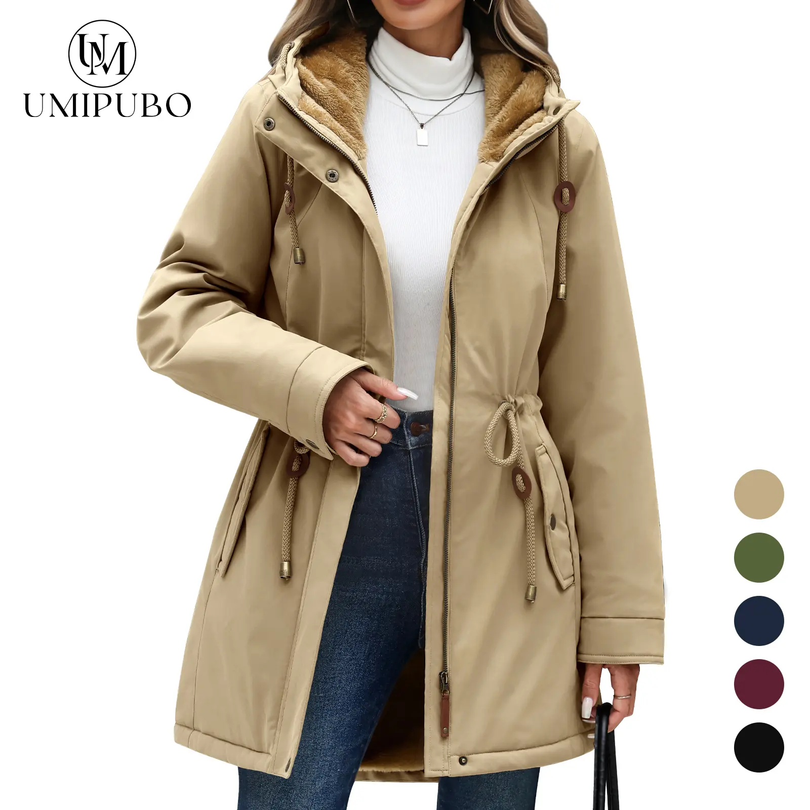 UMIPUBO Women's Hooded Fleece-Lined Winter Parka Coat Tops - Water-Resistant, Drawstring Waist, Windproof Warm Jacket with Pockets for Casual Outdoor Travel