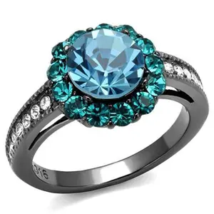 212 MAIN Women's IP Light Black Stainless Steel Size 5 Ring - Top Grade Sea Blue Round Stone Crystal, Top Grade Crystal