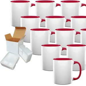 Case of 12: 11oz Red Inner & Handle Ceramic Sublimation Coffee Mugs - Foam Support & Shipping Boxes Included