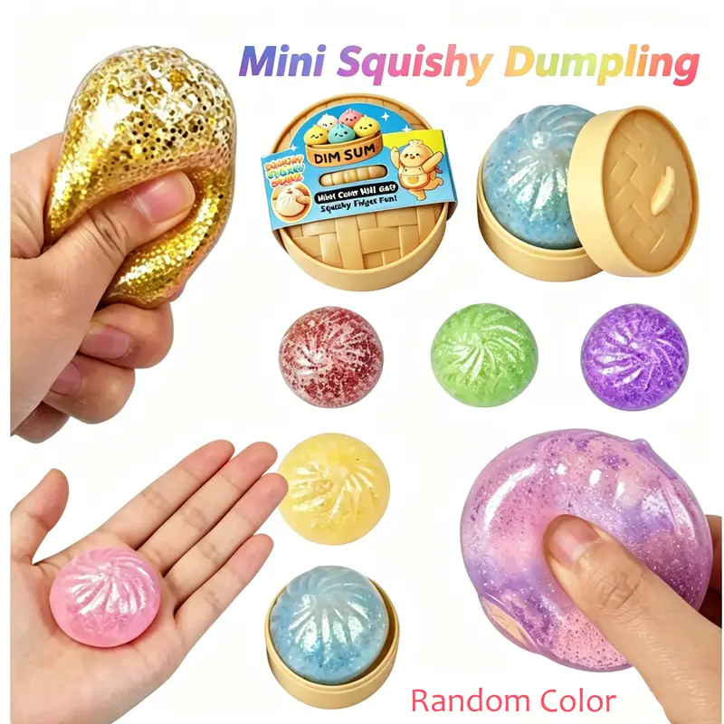 Sensory Friendly Mini Glitter Squishy Dumplings, TPR Soft Stretchy Pocket Fidget Toy with Beads/Maltose Mystery Texture, Squishy Fun Box Included, Unisex Over 14+ Stress Relief Item, Carnival Rewards Cool Gifts for Kids