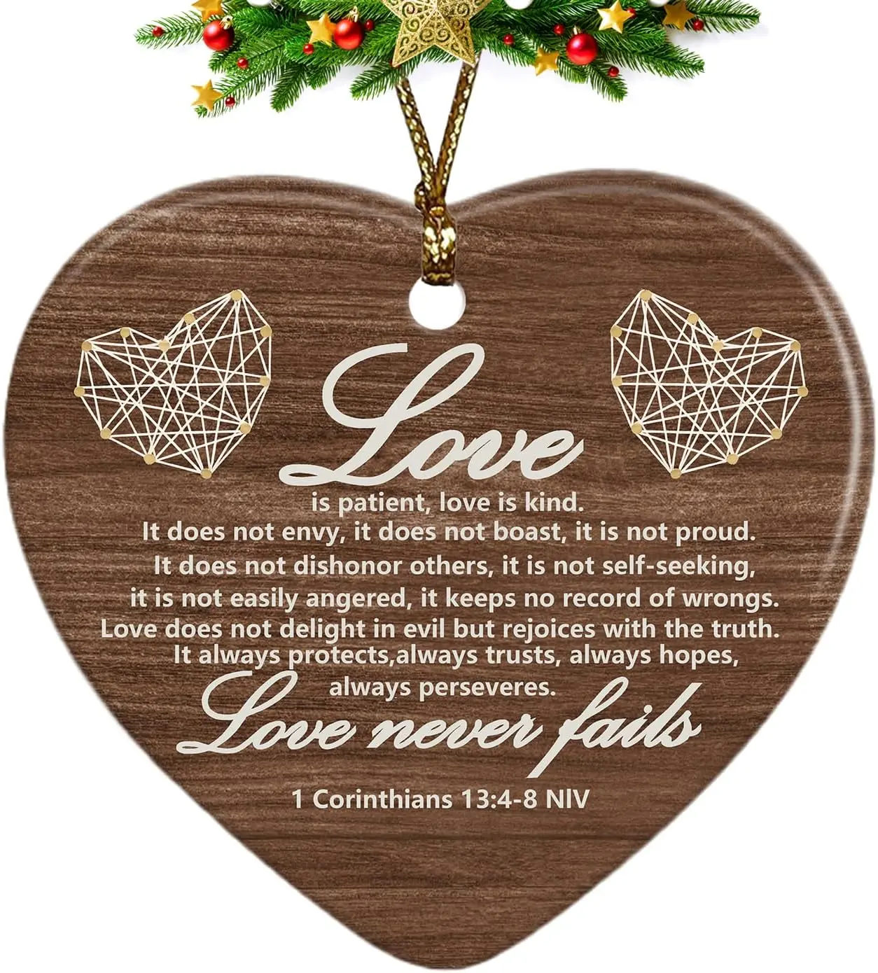 Rustic Christian Christmas Ornaments, 1 Corinthians 13 Love Never Fails Scripture Religious Ceramic Christmas Xmas Ornament Heart Keepsake Decorations, Christian Gifts for Women Teen Girls