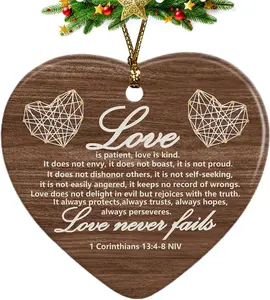 Rustic Christian Christmas Ornaments, 1 Corinthians 13 Love Never Fails Scripture Religious Ceramic Christmas Xmas Ornament Heart Keepsake Decorations, Christian Gifts for Women Teen Girls