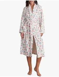 TIKITIDES Women Fleece Floral Fruit Print Bathrobe Soft Flannel Lounge Robe Cute Fall Robe Lightweight Warm Gown with Belt