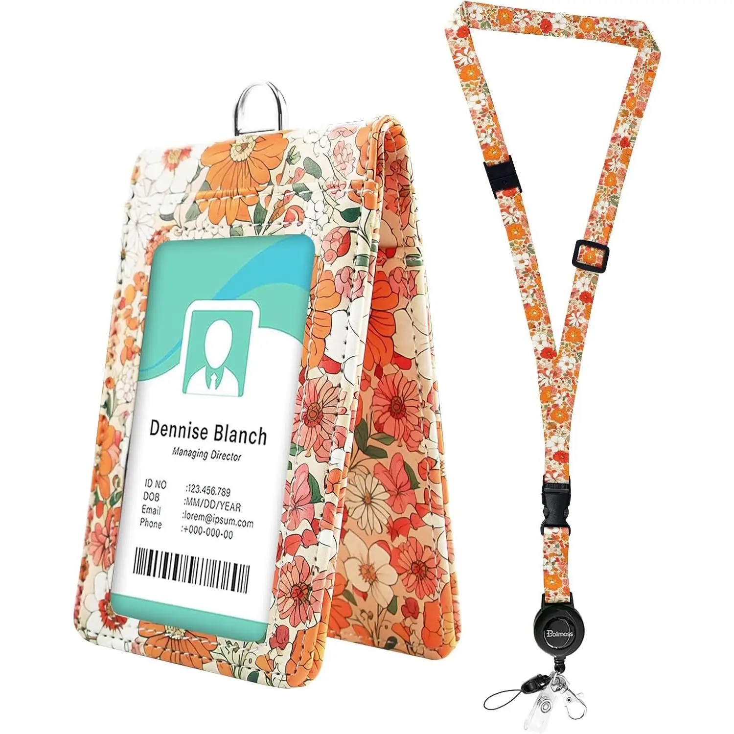 Cute Badge Holder with Clear Double-Sided Windows Easily Holds 1 to 4 Cards,Floral Leather ID Name Badge Holder with Adjustable Retractable Lanyards, Breakaway  Lanyards for Nurse Teacher School