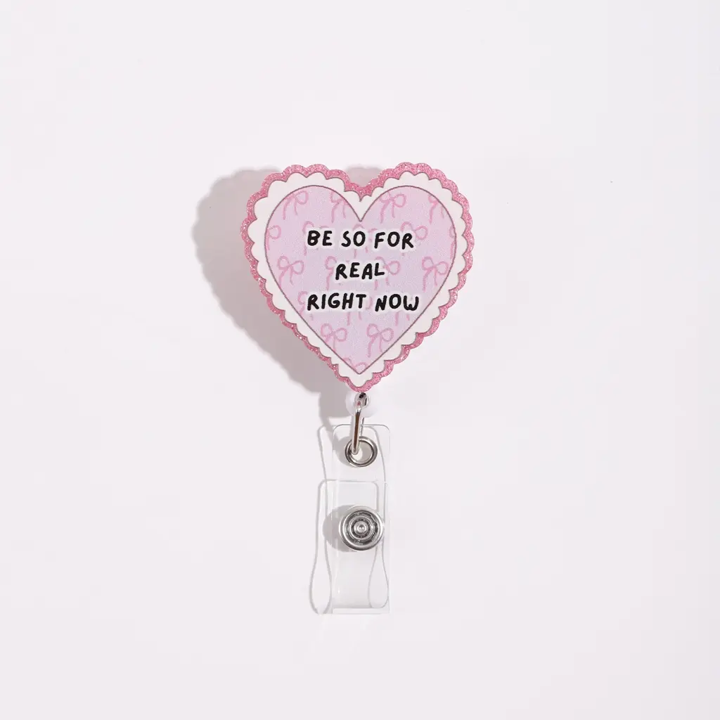Heart-Shaped Badge Reel Clip with Glitter Edges and Bow Print, Transparent Card Holder, Cute Design for Hanging ID Badges