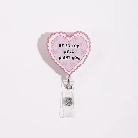 Heart-Shaped Badge Reel Clip with Glitter Edges and Bow Print, Transparent Card Holder, Name Tag Holder, Cute Design for Hanging ID Badges