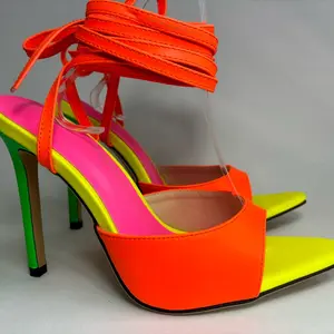 Pointed Peep Toe Lace Up Stiletto Sandal Neon Multi Open Toe Sandals Sandals Flat Heel (1 cm or less) Pointed Toe Pointed Toe Toe Thong