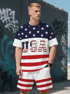 Men's American Flag 3D Printed Short Sleeve T-Shirt & Shorts Set, Casual Sporty Summer, Breathable Outdoor Wear