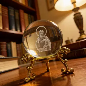 3D Laser Engraved Jesus Crystal Ball with Gold Stand, Sacred Heart of Jesus Clear Glass Sphere Figurine, Catholic Christian Religious Gift for Home Office Desk Decor, Desktop Paperweight