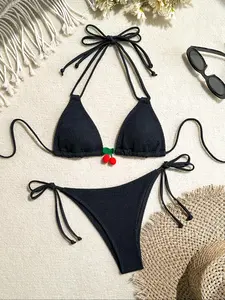 Women's Cherry Decor Bikini Set, Casual Fashion Chic Swimsuit Set for Beach Holiday Vacation, Ladies Swimwear for All Seasons