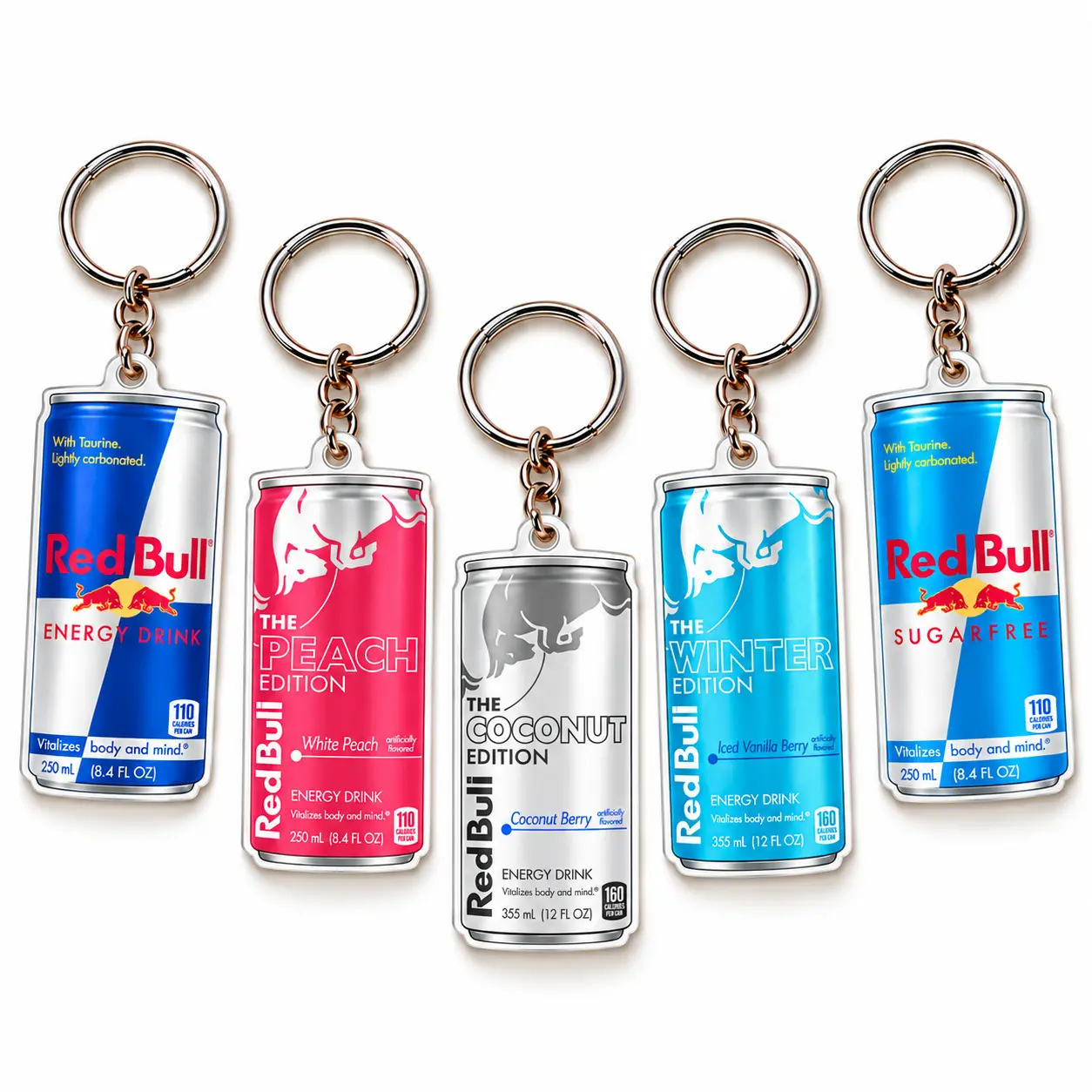 5-Piece Acrylic Energy Drink Can Keychain Set, 2 Style Options, Flat Charms with Metal Rings for Keys, Bags & Backpacks