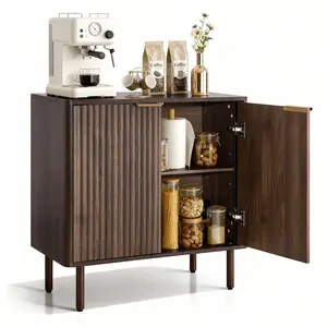 fathersdaygift VEVOR Coffee Bar Cabinet, Mid Century Fluted Coffee Bar Table with 2-Tier Storage, Buffet Stand Cabinet with Barn Door, Sideboard Buffet Station for Living Room, Entryway, 31.5x 14.7x 31.5 in Walnut