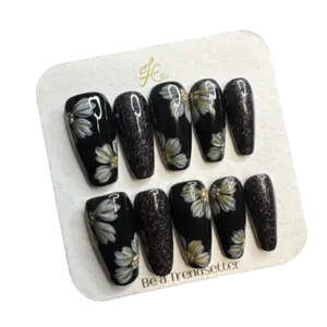 V17 Black chrysanthemum petals elegant high-grade press on-  press-on nail Long Diamond reusable fake Handmade Holiday Nail Art for Everyday Wear or Gift