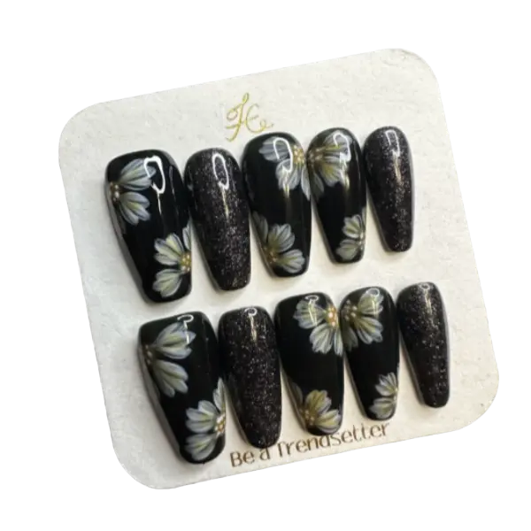 V17 Handmade Press on Nail Sets, Black Chrysanthemum Petals Floral Design Long Diamond Decorative On False Nails, Elegant High-Grade Reusable for Holiday & Everyday Wear or Gifting, Nail Press On Nails