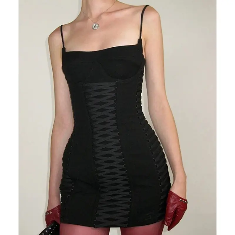 AltGoth   Corset Dress Women Dark Gothic Grunge Y2k Bandage Spaghetti Strap  Dress Partywear Female