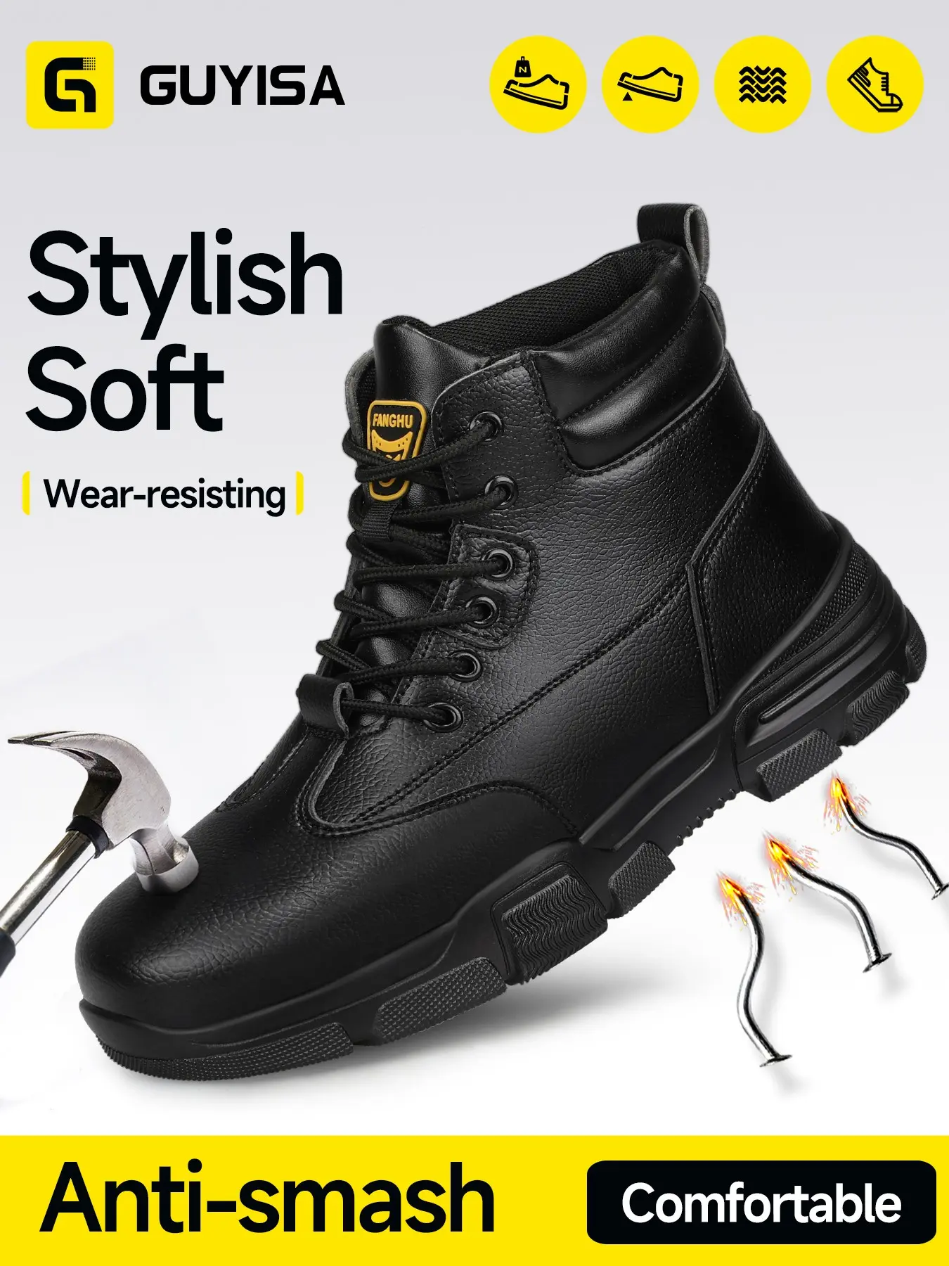Guyisa1 High Top Leather Safety Shoes, Classic Anti-Compression, Steel Toe and Rubber Sole, Waterproof, All Seasons, Fashionable Work Boots, Safety Footwear
