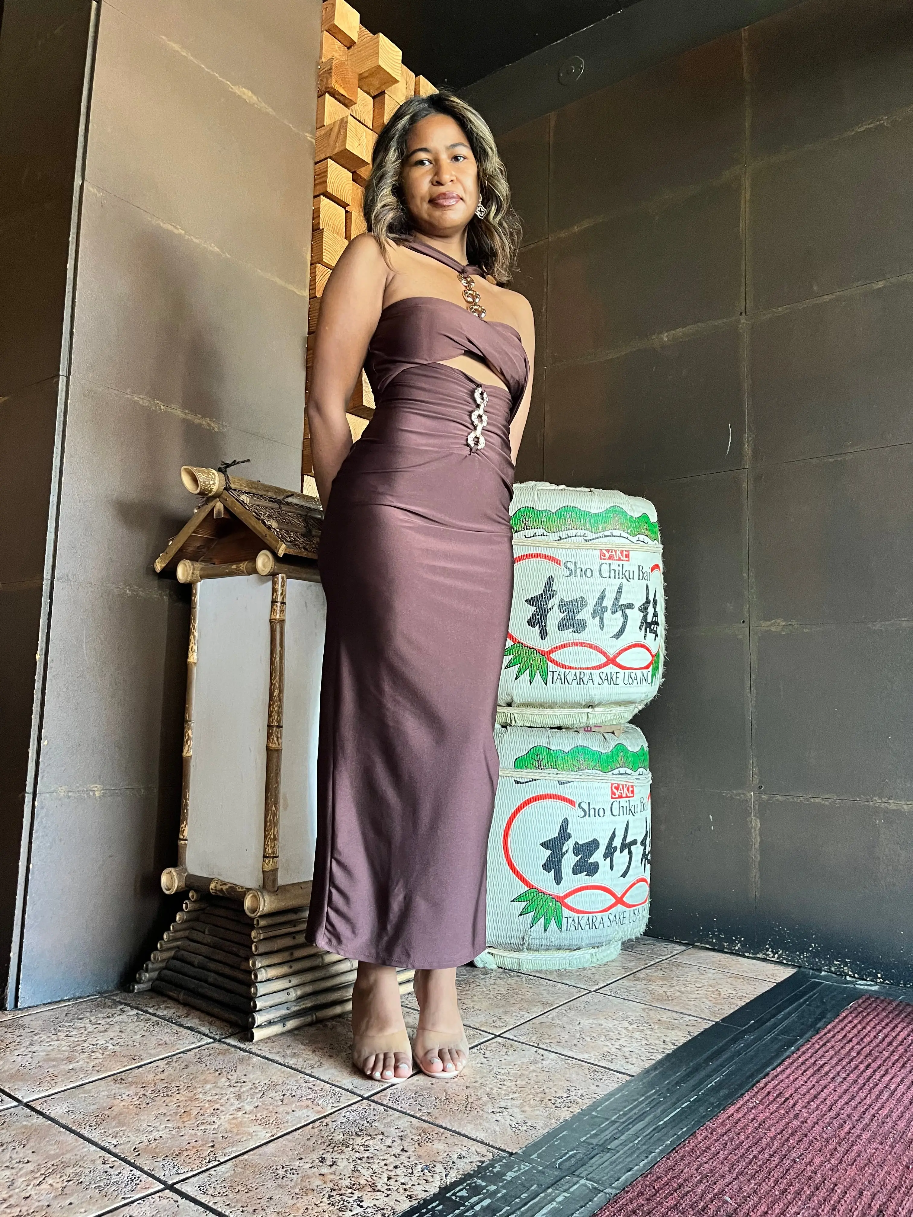 Women's Aesthetic Celeste Chain-Detail Formal Midi Dress - Brown, Soft Fabric, Flattering Fit, Statement