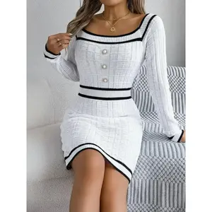 Women's Striped Print Button Decor Raglan Sleeve Sweater Dress, Casual Long Sleeve Square Neck Bodycon Knit Dress for Spring & Fall, Women's Knitwear for Daily Wear, Casual Dresses