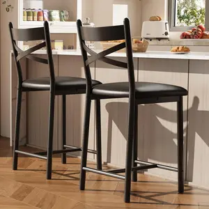 Bar Stools Set of 2, Kitchen Barstools with Footrest and Back, PU Leather Counter Height Bar Stools with Footrest, Bar Charis with Back Support for Kitchen Island, Apartment, Counter Bar, Black