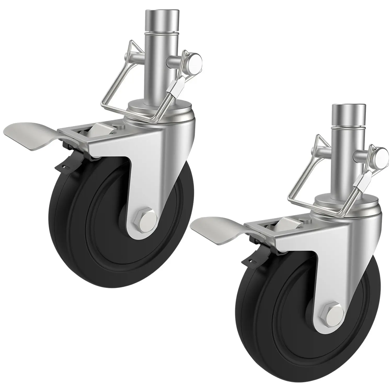 5 Inch Scaffolding Caster Wheels Heavy Duty with Dual Locking Brakes 2 Pack | Rubber Casters 1 Inch Round Stem Swivel Castor Wheels Replacement, 400LBS Capacity per Caster
