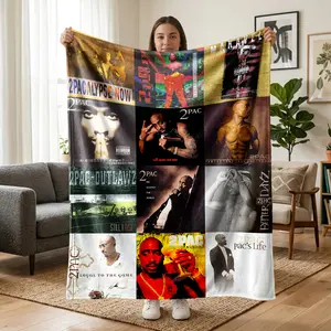 1 pc 2Pac classic album patchwork flannel blanket, all-over print hip-hop legend album cover, retro American rap style. Soft, warm, comfortable nap blanket—versatile gift suitable for sofa, bed, office, shawl/wrap, camping, and travel.