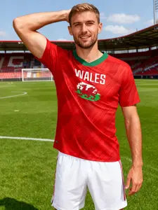 2026 Football World Cup Wales National Team Fanwear, Home Jersey, Geometric Pattern Short Sleeve Tee, Sporty Fitted Design for All Seasons