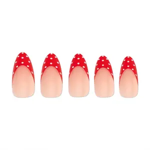 Red Polka Dot Press-On Nails Almond Shaped Glossy French Tips with White Dots Retro Style Nail Art for Special Occasions Personality Flirty Vintage