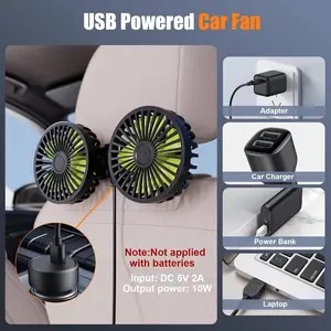 USB dual-head car fan, 360° rotating 3-speed cooling fan with clip | Portable air circulator suitable for SUVs/RVs/camping trucks/boats | Black dual-head ventilation system, USB-powered cooling fan | Modern car accessories Adjustable Speeds Fan