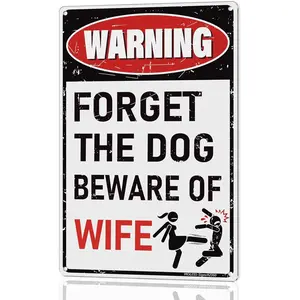 "Forget the Dog - Beware of Wife!" 12x8in Rectangular Vintage Metal Man Cave Sign, Durable Lightweight Home Decor Plaque with Pre-Drilled Holes for Mounting/Hanging, Ideal for Basement/Garage, 2360