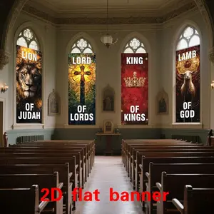 2D Flat Banner Set, Inspirational Church Banners with Biblical Text, Christian Lion of Judah Theme, Polyester Party Banners for Home Decor