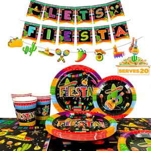 Mexican Themed Fiesta Party Supplies, 163 pcs Mexican Party Paper Tableware set, Including Fiesta Plates Cups Napkins Tablecloth and Banner ect, Fiesta Themed Party Supplies, for 20 Guests