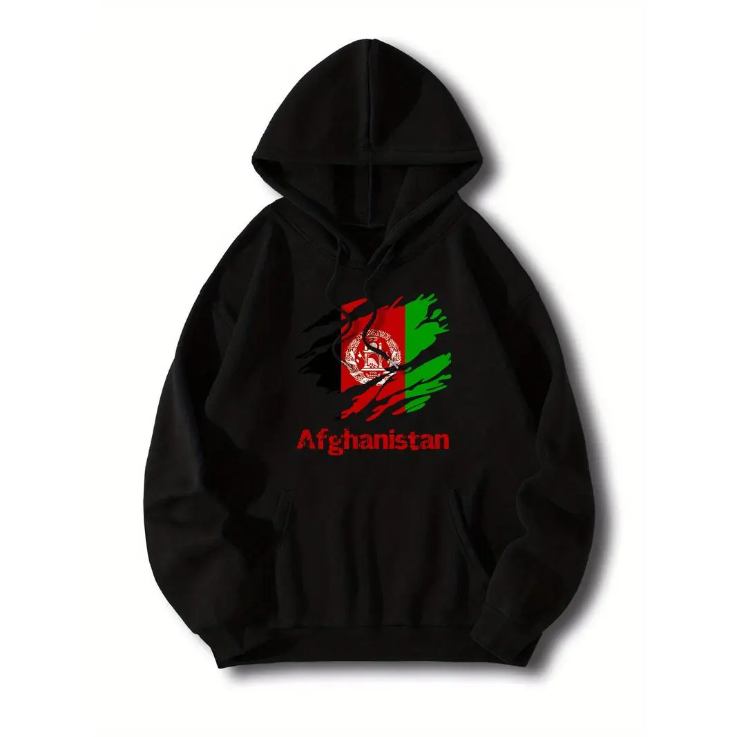 Women's Streetwear Hoodie, Essential Oversized Fleece Pullover with Afghan-Inspired Graphic Print and Pouch Pocket